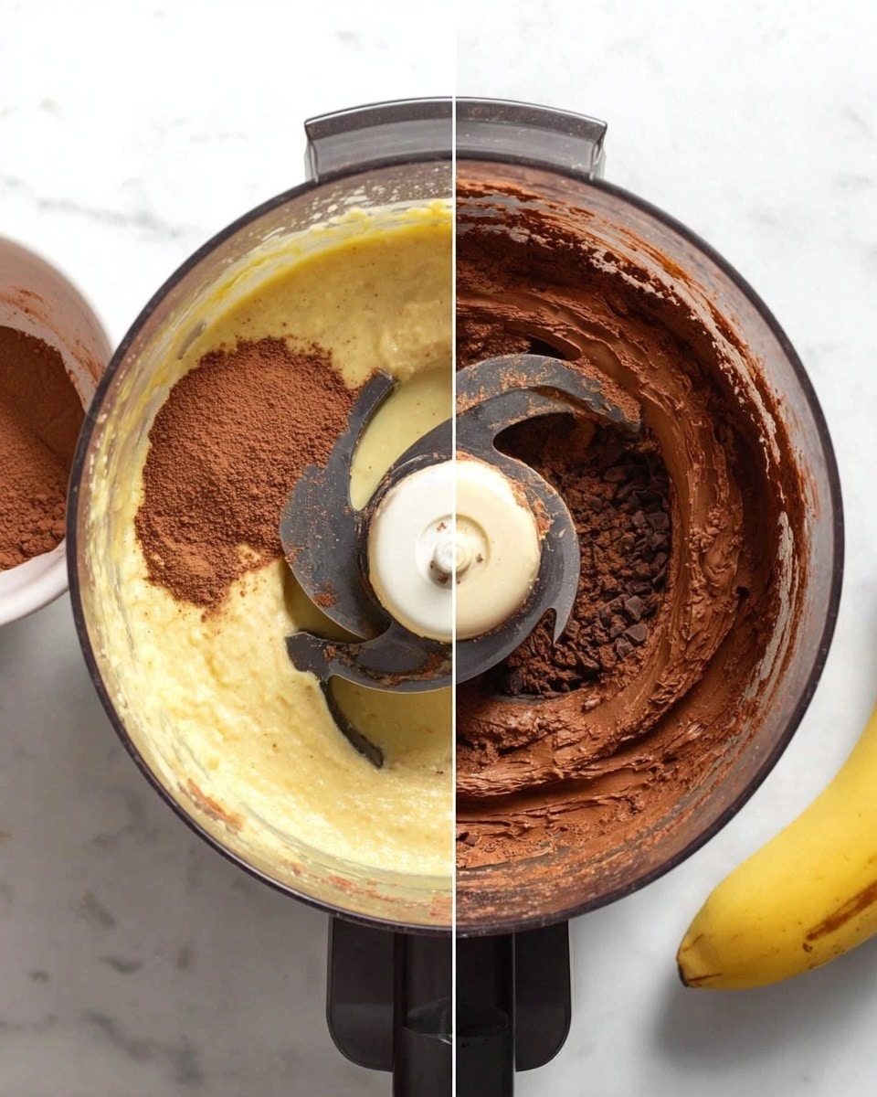 The image shows a side-by-side view of a food processor on a white marbled surface with a peeled banana next to it on the right side. On the left side of the image, inside the food processor, there is a thick yellowish base, and a small white bowl held by a woman's hand is adding a light brown creamy substance and cocoa powder into the food processor. On the right side of the image, the food processor contains evenly mixed dark brown cocoa powder forming a smooth texture with some powder residue on the sides. The food processor blades are visible in both views, and the background remains a clean white marbled texture. photo taken with an iphone --ar 4:5 --v 7