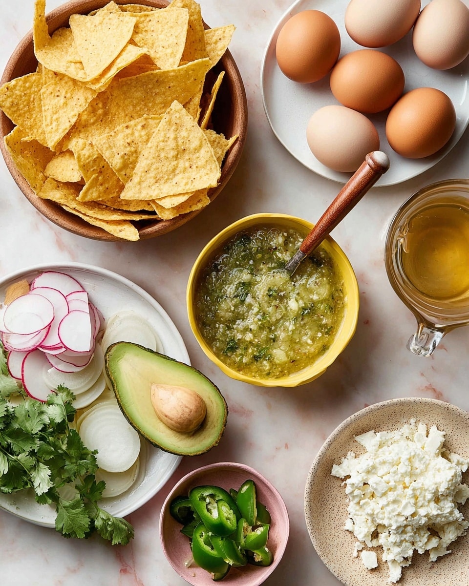 The image shows several ingredients arranged on a white marbled surface. On the left, there is a wooden bowl filled with many yellow tortilla chips. Near the bottom, a white plate holds half an avocado with the seed visible, fresh green cilantro leaves, and thinly sliced rounds of green, white, and purple radishes, stacked neatly behind a yellow bowl full of green salsa with visible seeds and bits of herbs, and a spoon with a wooden handle inside the salsa. On the top right, a white plate contains five brown and white eggs and a small pink bowl with green sliced jalapeño peppers. On the bottom right, a beige speckled plate has crumbled white cheese and a wooden bowl with green creamy sauce and a metal spoon inside. A glass measuring cup of light golden oil is also visible near the top. photo taken with an iphone --ar 4:5 --v 7