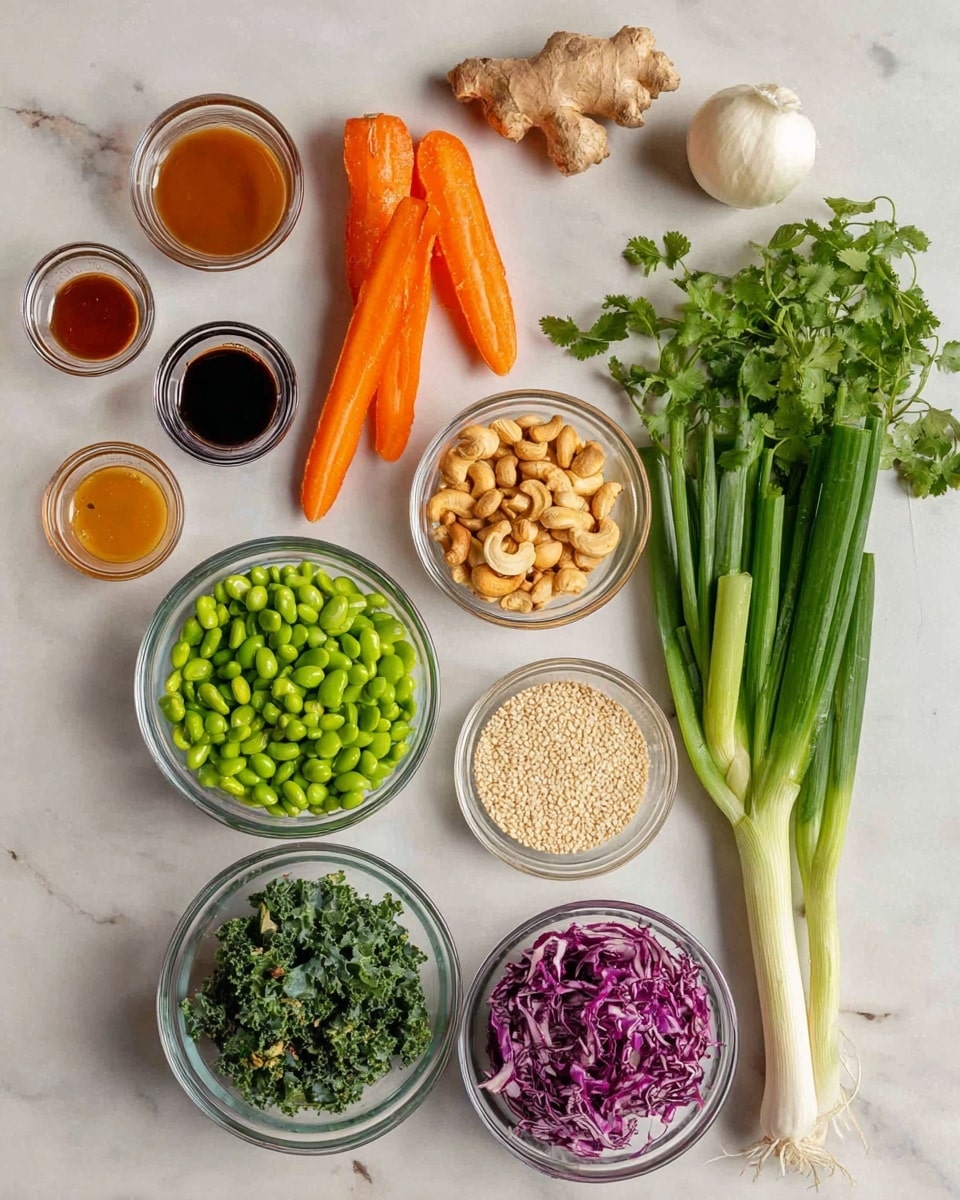The image shows a collection of fresh ingredients arranged neatly on a white marbled surface. There are two bright orange carrots and several green onions with white bulbs on the right side. Next to them is a bunch of fresh green cilantro and a whole white garlic bulb. A piece of fresh ginger root is near the top. Below, there are clear glass bowls filled with different items: one with green edamame beans, another with golden toasted cashews, one with chopped dark green kale, another with shredded purple cabbage, and a smaller bowl with light beige sesame seeds. On the left side, five small glass containers hold various liquids and sauces in light brown, dark brown, reddish, and amber colors. Everything is fresh and colorful, placed in an organized way. Photo taken with an iphone --ar 4:5 --v 7