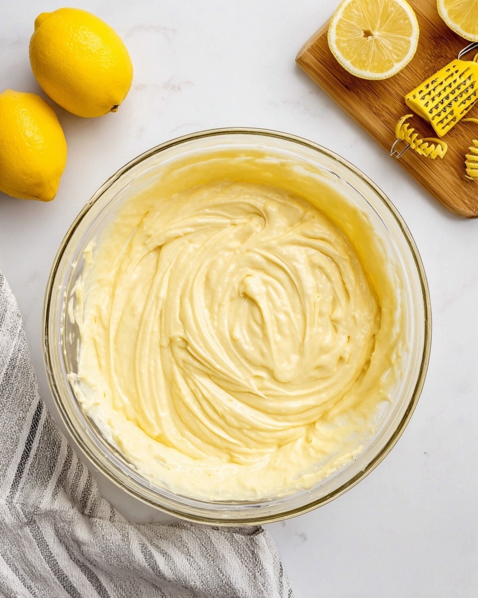 A clear glass bowl is filled with thick, smooth, pale yellow batter that shows swirled patterns on its surface from mixing. The bowl sits on a white marbled texture. To the bottom left of the bowl, two whole bright yellow lemons lie on a folded gray and white striped cloth. In the top right corner, a small wooden board holds two lemon halves and a zester with yellow lemon peel on it. The scene is bright and clean, emphasizing the creamy texture and soft color of the batter. Photo taken with an iphone --ar 4:5 --v 7