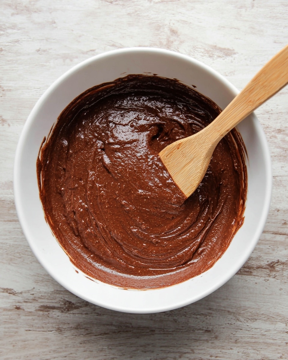 A white bowl sits on a white marbled surface, filled with smooth, thick chocolate batter that has a rich dark brown color. The batter covers most of the bowl, showing a shiny and slightly lumpy texture mostly in the center. A wooden spatula with a natural grain pattern rests inside the bowl on the right side, partially coated with batter. Photo taken with an iphone --ar 4:5 --v 7