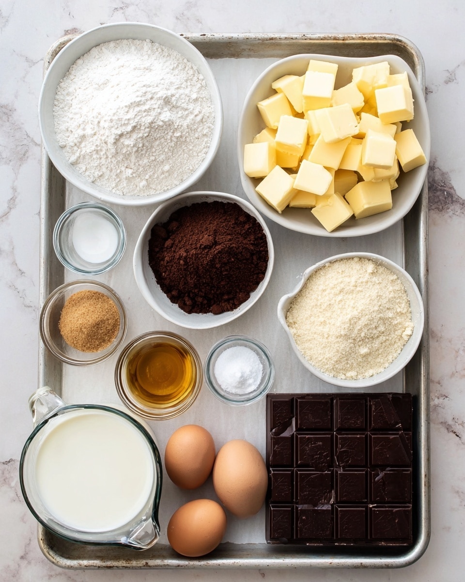 A close-up image shows a baking tray with various baking ingredients neatly arranged on it, placed on a white marbled texture. The tray holds two white bowls filled with light powdery flour and powdered sugar at the top left and right corners. Below them are a glass of milk on the left and a small glass bowl filled with dark cocoa powder next to it. In the middle right side, there is a white bowl filled with yellow butter cubes. Below, a round glass bowl filled with brown sugar sits to the left, next to a small glass pitcher with cream or milk. Toward the bottom right corner, there are two dark chocolate bars placed flat on the tray next to three brown eggs. Small clear glass bowls containing salt, baking soda, and honey rest near the eggs and butter. The overall scene is clean and bright with all items visible and distinct. Photo taken with an iphone --ar 4:5 --v 7