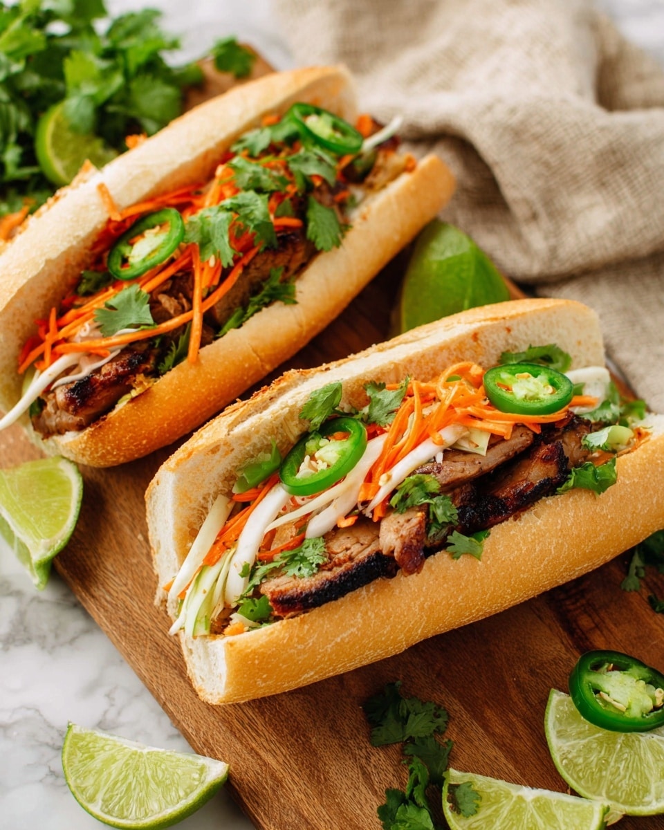 Two sandwiches sit on a wooden board. Each sandwich has a white crusty baguette as the base, filled with layers of grilled meat that is brown with some charred edges in the middle. On top of the meat is a mix of thin orange carrot strips, white crunchy vegetables, and green slices of jalapeno peppers. Fresh green cilantro leaves are scattered inside the sandwiches and around the board, along with lime wedges and some extra jalapeno slices. The background is a white marbled surface with a beige cloth in the corner. Photo taken with an iphone --ar 4:5 --v 7