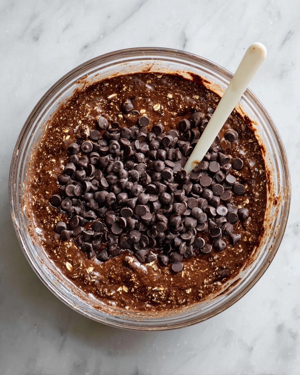 A clear glass bowl filled with a dark brown mixture that has visible oats and a slightly bubbly texture. On top, there is a thick layer of small, round, dark chocolate chips mostly covering one half of the mixture. A white-handled utensil is partly submerged in the mixture, placed diagonally from the bottom middle toward the top middle of the bowl. The bowl sits on a white marbled surface. photo taken with an iphone --ar 4:5 --v 7
