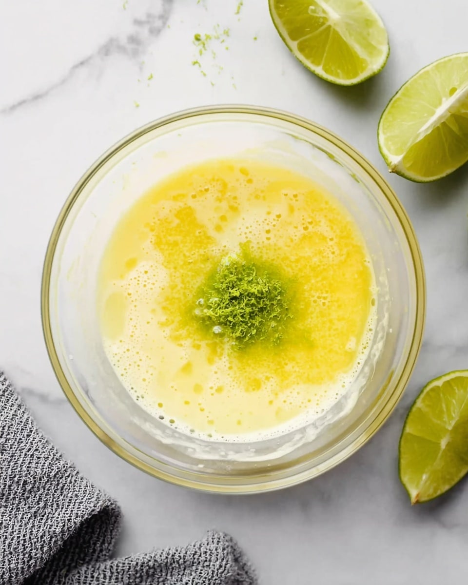 A clear glass bowl with a yellow mixture topped with a small pile of green lime zest sitting in the middle of the bowl. The bowl is placed on a white marbled surface with halved limes nearby to the left and right side. A gray textured cloth is partially visible on the left side of the image. The yellow mixture has a smooth liquid texture with slight bubbles forming around it. photo taken with an iphone --ar 4:5 --v 7