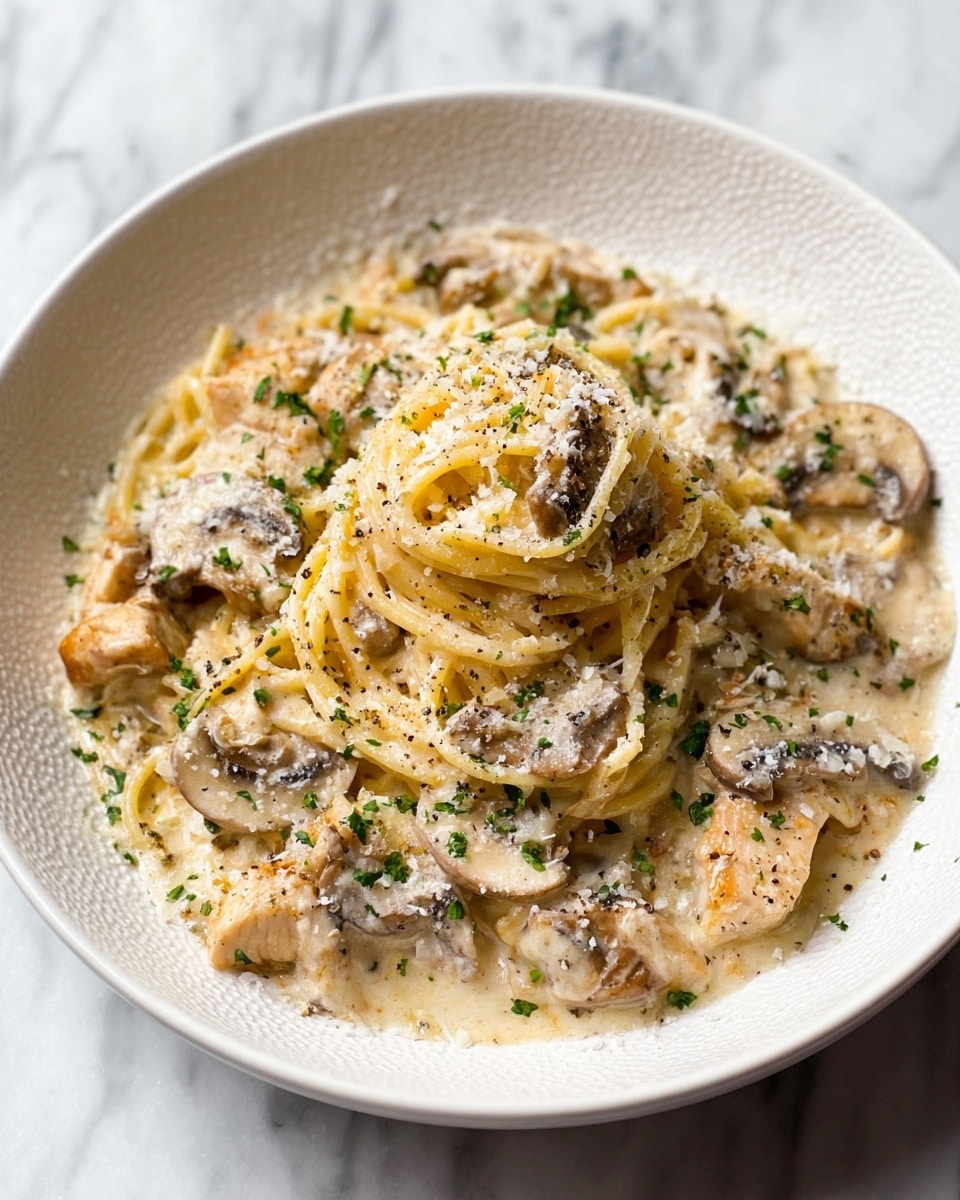 A white textured bowl holds a creamy pasta dish with three main layers: the base layer is light yellow spaghetti noodles twisted in the center, topped with slices of light brown mushrooms, and pieces of lightly browned chicken, all smothered in a thick, off-white creamy sauce. The dish is garnished with finely chopped green herbs and sprinkled with grated white cheese, with a hint of black pepper on top. The bowl sits on a white marbled surface. Photo taken with an iphone --ar 4:5 --v 7