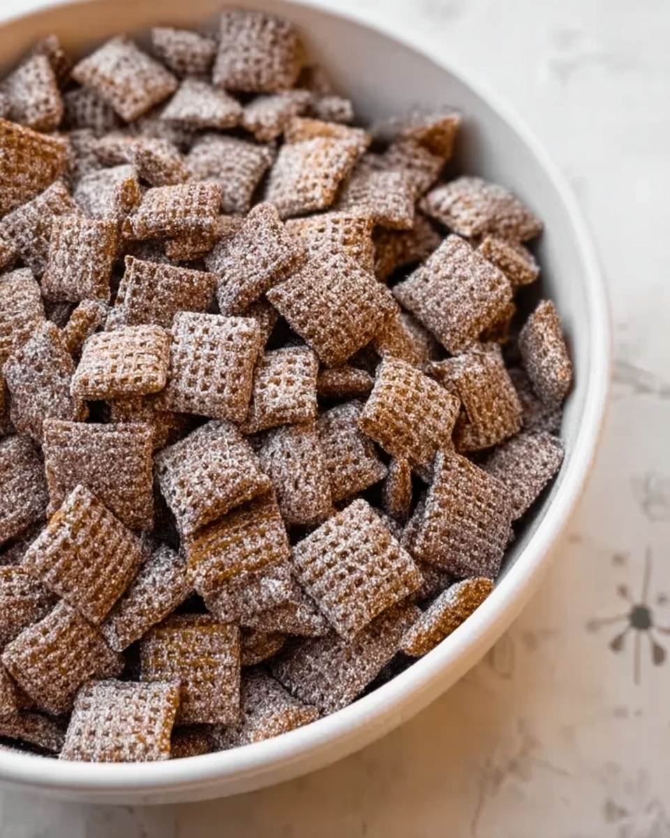 A close-up image of a bowl filled with many small square cereal pieces, each one showing a textured woven pattern. The cereal pieces are dark brown, covered with a layer of fine white powder, and tightly packed inside a white bowl. The bowl is placed on a white marbled surface with a faint floral pattern in the background. photo taken with an iphone --ar 4:5 --v 7