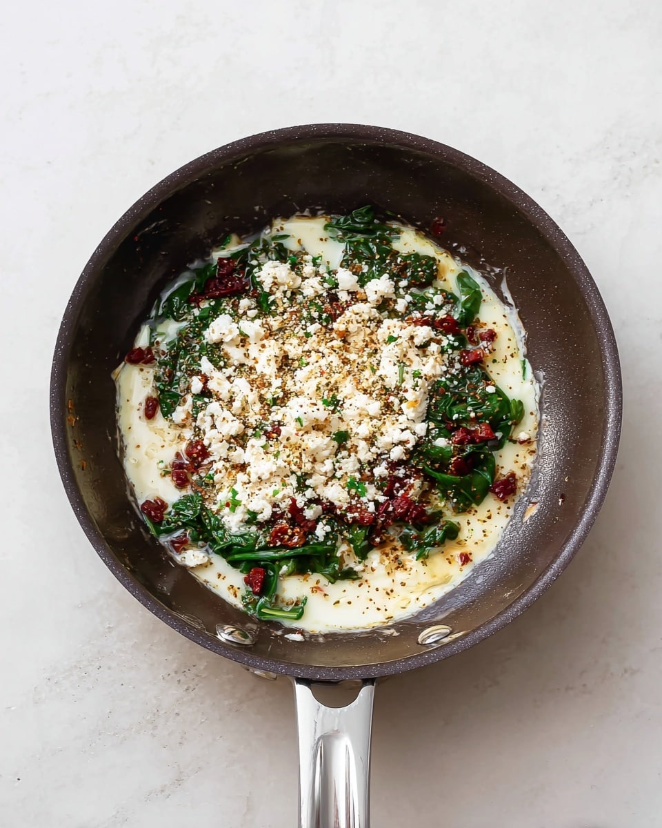 In a dark pan with a silver handle on a white marbled surface, there is one main round layer of cooked white melted cheese with a soft texture. On top, there are patches of green leafy vegetables mixed with small dark red soft pieces, scattered evenly. Over the green and red layer, crumbled white cheese is spread covering most of the center, with a sprinkle of green and brown dry spices on top, creating a colorful mix. The pan edge is clean, focusing attention on the layered food in the middle. Photo taken with an iphone --ar 4:5 --v 7