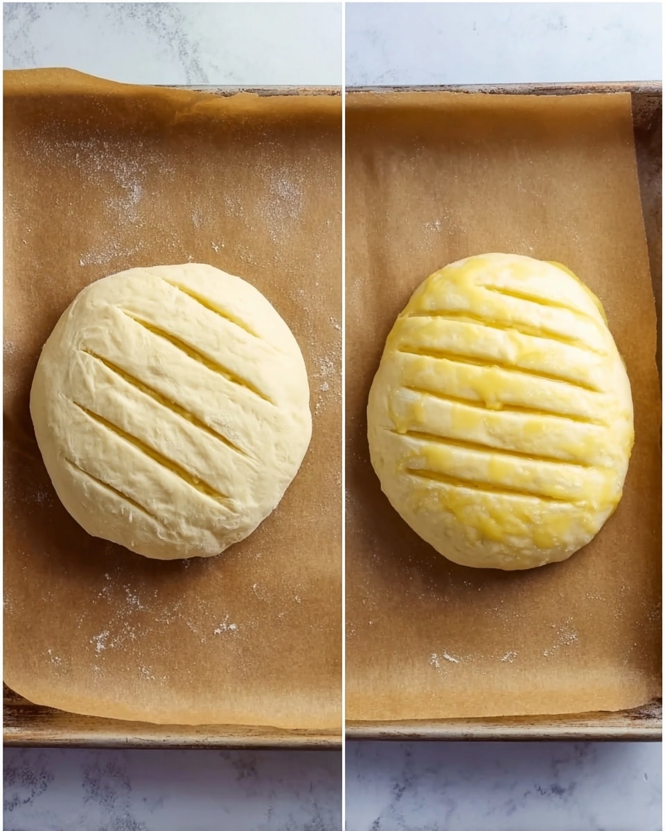 The image shows two round dough pieces on brown parchment paper placed on a baking tray; the dough is pale and smooth. In the second part, the dough pieces have been brushed with a yellow egg wash, making their surface shiny and yellowish. Each dough piece has diagonal cuts on the top, evenly spaced, showing a soft texture underneath. The background is a white marbled texture. Photo taken with an iphone --ar 4:5 --v 7