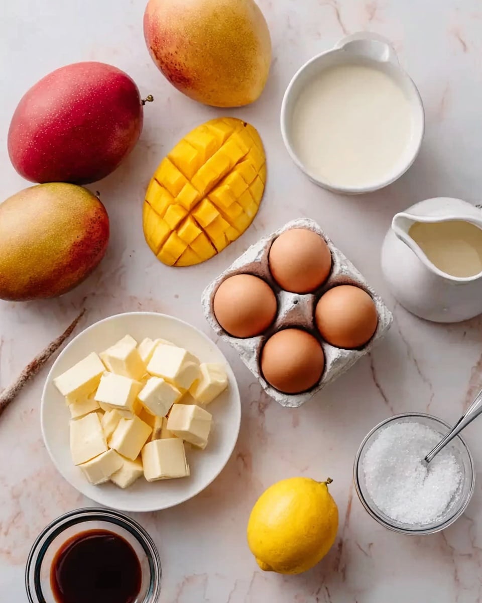 A top-down view shows a white marbled surface with several ingredients arranged neatly. There are four whole mangoes: three with red and yellow hues, and one sliced showing bright yellow flesh with a grid pattern. A white egg carton holds four brown eggs centered in the image. To the top right, a white bowl contains a white creamy substance, and a white pitcher with a handle is nearby. In the lower middle, a smaller white bowl has pale yellow cubes of butter. Next to it is a vibrant yellow lemon. A small clear container with dark brown liquid sits near the eggs, and part of a white dish with white granulated sugar is visible. The image shows a woman’s hand reaching in from the top with light skin tone. photo taken with an iphone --ar 4:5 --v 7