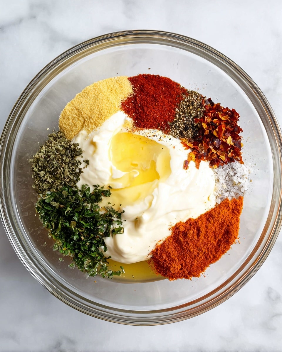 In a clear glass bowl on a white marbled surface, there are several layers of ingredients arranged without mixing. The bottom layer is white mayonnaise or a creamy base, topped with a shine of light golden oil near the edge. Around the bowl, there are piles of spices and herbs: on the top left is a bright red powder, just below it lighter yellow powder, finely chopped green herbs in two shades forming chunks on the bottom left, a dark green dried herb near the middle bottom, and orange-red powder next to the creamy base on the right. There are also red chili flakes above the orange-red powder and some salt and black pepper near the middle resting on the white base. photo taken with an iphone --ar 4:5 --v 7