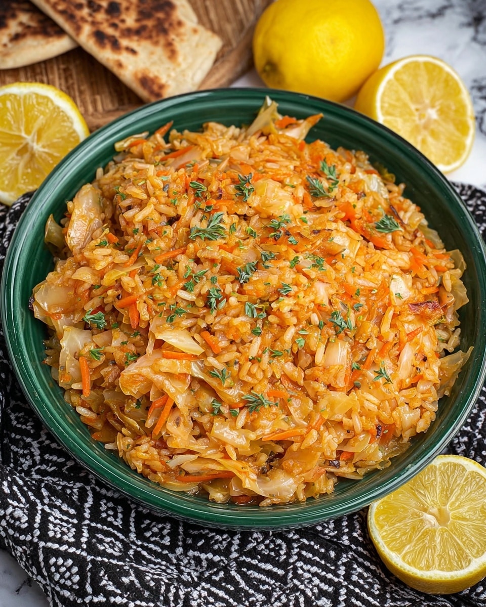 A green bowl filled with a cooked mix of short rice and thinly sliced cabbage pieces, all coated in a soft orange sauce, mixed with small bits of orange carrot and garnished with small green herb sprigs scattered on top. The bowl sits on a black-and-white woven fabric with two lemon halves and whole lemons placed around it, along with pieces of toasted flatbread resting behind the bowl, all on a white marbled surface. Photo taken with an iphone --ar 4:5 --v 7