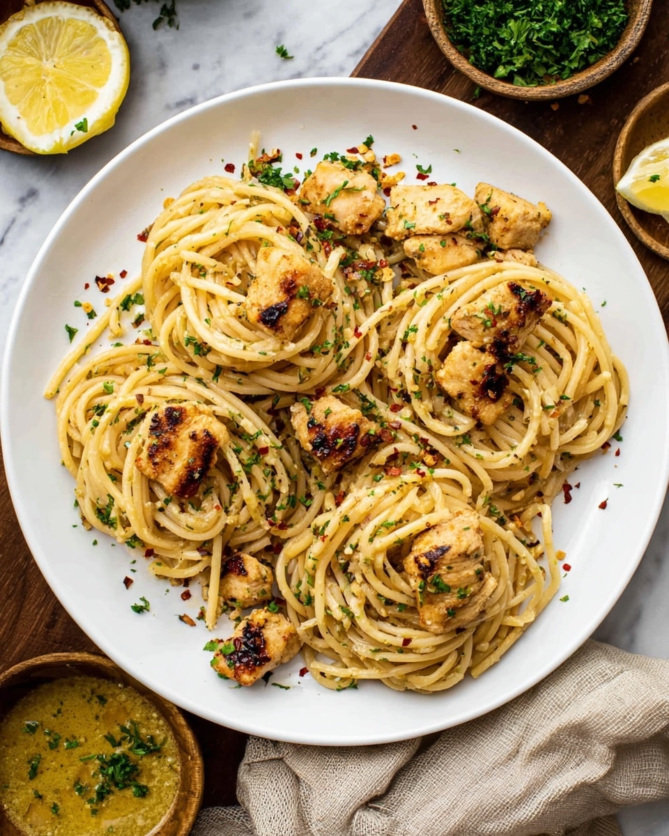On a white round plate, there is a serving of thick spaghetti pasta twisted into two small piles, mixed with several golden-brown cooked chicken pieces scattered on top and around the pasta. The pasta and chicken are sprinkled with small green parsley flakes and some red chili flakes for color contrast. The plate sits on a white marbled surface, with a beige cloth napkin slightly folded near one edge of the plate. Nearby are a few small bowls filled with a yellowish sauce and chopped parsley, as well as a lemon wedge partially visible. photo taken with an iphone --ar 4:5 --v 7
