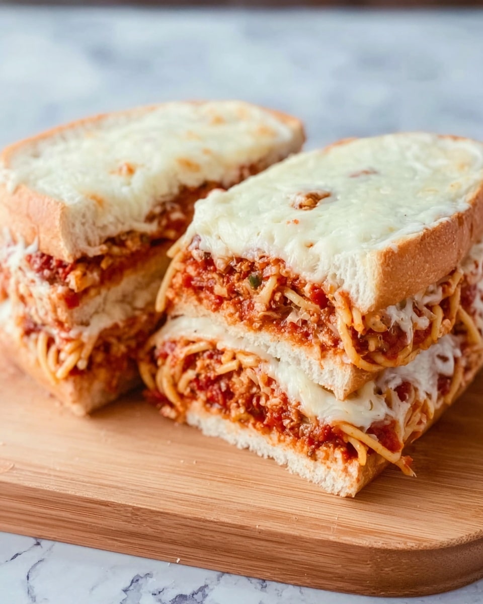 A sandwich cut in half showing layers inside on a light wooden board placed on a white marbled surface. The sandwich has a thick white bread crust as the base. Inside, there is a layer of spaghetti pasta mixed with red sauce and small pieces of red bell pepper and meat, filling the sandwich fully. On top of the spaghetti, there is a thick layer of melted white cheese with light brown spots from baking. The sandwich halves are positioned side by side, with the inner layers clearly visible. Photo taken with an iphone --ar 4:5 --v 7