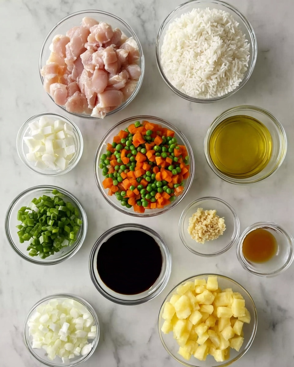 The image shows nine small glass bowls arranged on a white marbled surface. In the top left bowl, there are pieces of raw pink chicken. Next to it on the right is a bowl filled with white cooked rice. Below the chicken, a bowl holds mixed diced orange carrots and green peas. To the right of that is a small bowl with light yellow cooking oil. Below the oil, a small bowl contains a dark soy sauce. Near the center, a bowl has sliced green onions. Lower down, on the left, a bowl with white diced onions and on the right, a bowl with yellow diced pineapple sit side by side. Between them are two tiny bowls holding minced garlic and minced ginger, one above the other, and below those, a bowl with a light brown sauce. The setup is neat with clear layers of ingredients, all in white bowls on a white marbled surface. photo taken with an iphone --ar 4:5 --v 7