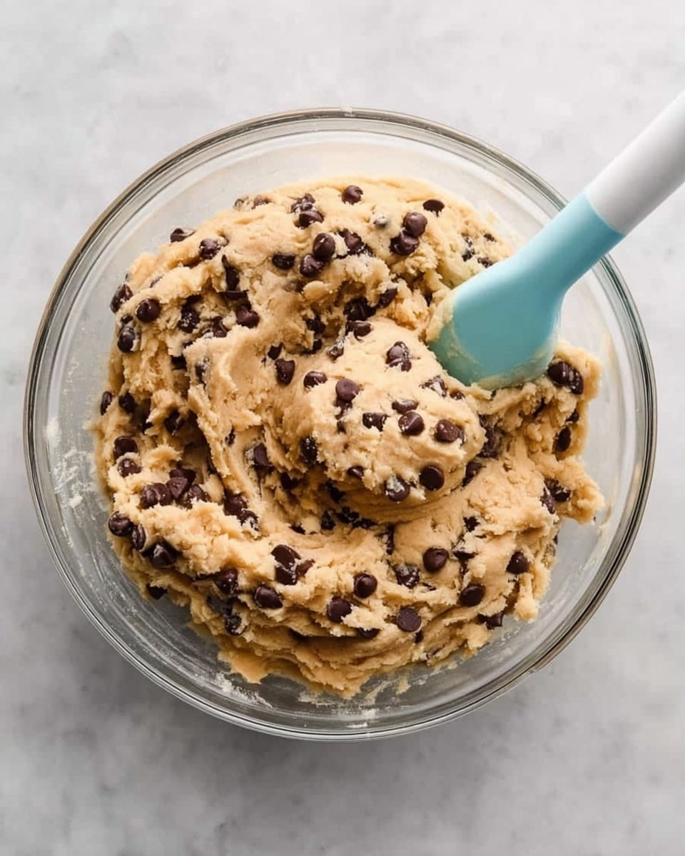 A clear glass bowl filled with light beige cookie dough mixed with many small dark chocolate chips, showing a soft and slightly sticky texture with the chocolate chips evenly spread inside. A pale blue spatula with a white handle is partially inserted into the dough, resting on the right side inside the bowl. The bowl is set on a white marbled surface, creating a clean and bright look. Photo taken with an iphone --ar 4:5 --v 7
