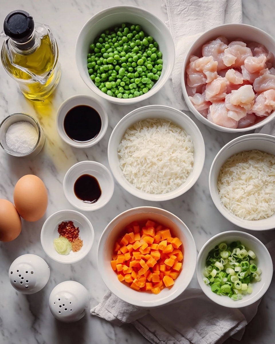 The image shows several white bowls on a white marbled surface, each containing different ingredients for a recipe. One bowl in the top right holds raw, pink chicken pieces, while next to it are a bowl of green frozen peas and another bowl of white cooked rice with fluffy texture. Below these are a bowl of small orange carrot cubes and above it a bowl with chopped green onions. Smaller white bowls hold finely chopped garlic, dark soy sauce, red chili flakes, light-colored seasoning powder, and golden liquid like oil or vinegar. Two brown eggs, a bottle of cooking oil, a white salt shaker, and a white pepper shaker rest on a white towel on the left side. The arrangement is neat and all bowls are white. Photo taken with an iphone --ar 4:5 --v 7