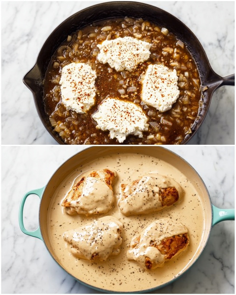 The first image shows a black cast iron pan filled with a dark brown liquid sauce that has chopped onions at the bottom, with several white soft cheese dollops on top, sprinkled with black pepper and some red seasoning, all placed on a white marbled surface. The second image shows the same pan with four golden brown cooked chicken pieces partially covered in a thick creamy light beige sauce. The pan has a pale turquoise handle and both images have a clean white marbled surface background, photo taken with an iphone --ar 4:5 --v 7