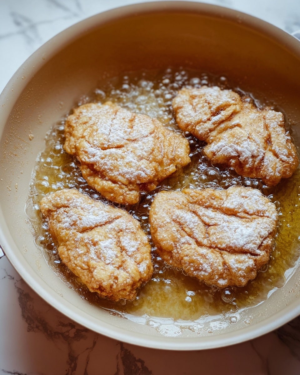 The image shows four pieces of food frying in hot oil inside a beige pan with a slightly rough texture. Each piece is light golden-brown with a dusting of white flour on top, creating a cracked and uneven surface that looks crispy. The pieces are irregular in shape and float gently in the shimmering oil, which has small bubbles around the edges, giving a sense of frying action. The pan is placed on a white marbled surface. photo taken with an iphone --ar 4:5 --v 7