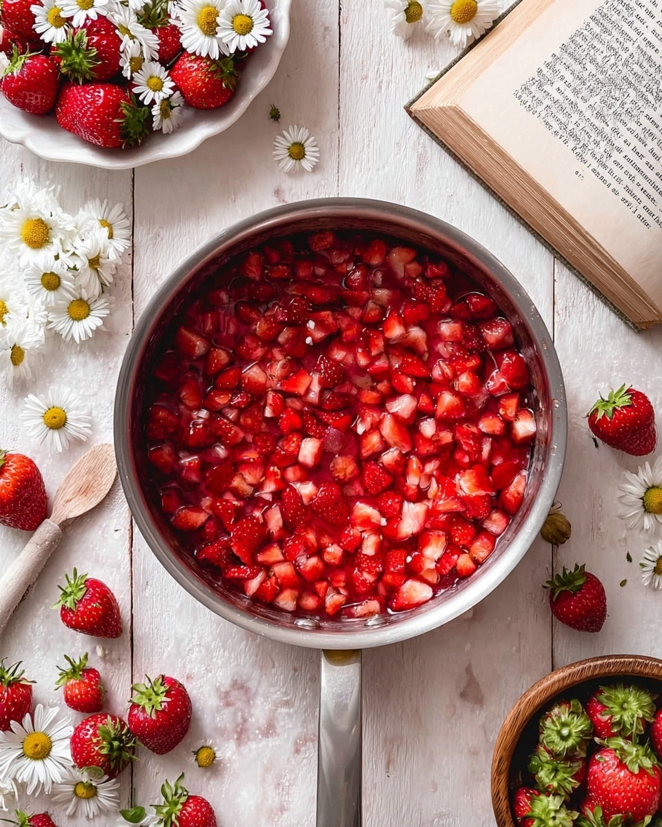 A top view of a shiny metal pan filled with small, bright red chopped strawberries spread evenly in one layer. Around the pan, white fresh strawberries with green leaves are scattered on a white marbled surface. To the top left, a white plate full of whole strawberries with small white daisy flowers sits. To the top right, an open book with visible text lies flat, with some small daisy flowers and halved strawberries resting on its pages and nearby. A wooden bowl holding more daisy flowers is partially visible above the book. photo taken with an iphone --ar 4:5 --v 7
