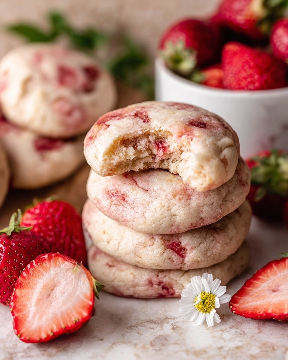 The image shows a stack of soft, round cookies with a pale pink color mixed with darker pink spots from strawberries inside them. The top cookie in the stack has a bite taken out, revealing a light, fluffy inside. Around the stack, there are more cookies of the same kind. On the side, there is a white bowl filled with whole fresh strawberries, and near the cookies, one strawberry is cut in half showing its inside with white and red colors. A small white flower with a yellow center is placed near the strawberries. All items sit on a surface with a white marbled texture photo taken with an iphone --ar 4:5 --v 7