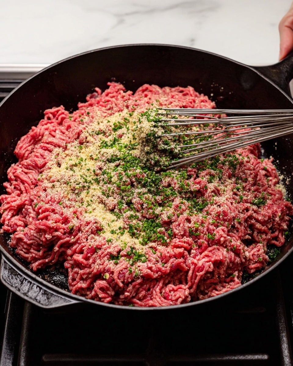 A black cast iron pan filled with one large layer of raw ground meat that is bright red and textured with visible strands. The meat is sprinkled evenly with a pale yellow powder and finely chopped green herbs, forming a mixed topping across the surface. A metal potato masher rests at the top right edge of the pan, held by a hand with the handle pointing outward. The pan sits on a black stove, and the background is a white marbled kitchen surface. photo taken with an iphone --ar 4:5 --v 7