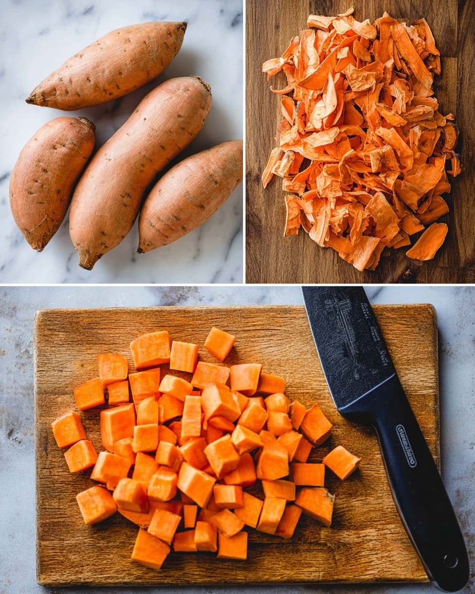 The image shows three steps of preparing sweet potatoes. The first part has four whole sweet potatoes with light brown skins on a white marbled surface. The second part shows ten peeled sweet potatoes placed on a wooden board along with a pile of orange-brown potato skins to the right and a black-handled peeler. The third part shows small, evenly cut cubes of bright orange sweet potato scattered on the wooden board with a large black-handled knife on the right side. photo taken with an iphone --ar 4:5 --v 7