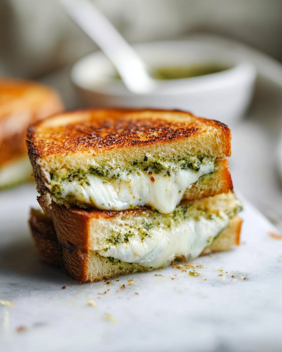 The image shows a close-up of a toasted sandwich cut in half, placed on a white marbled surface. The sandwich has three layers: two outer layers of golden-brown toasted bread with a slightly crisp texture, and a thick middle layer of melted white cheese mixed with green herbs or pesto that peeks out slightly beyond the bread. In the background, there is a blurred white bowl with a spoon inside. The lighting emphasizes the warm toast and creamy cheese, creating a cozy and inviting feel. Photo taken with an iphone --ar 4:5 --v 7
