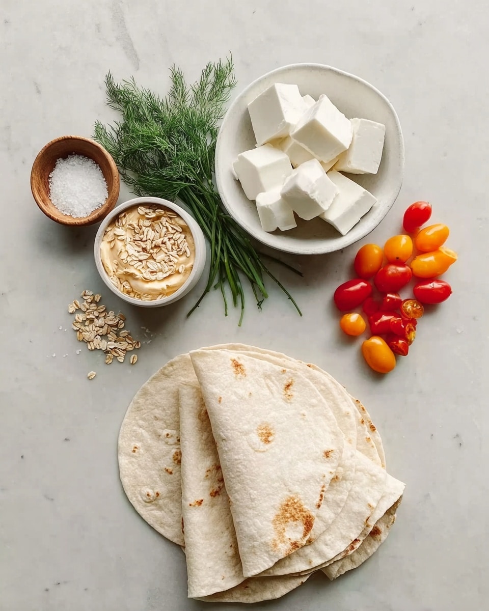 The image shows ingredients arranged on a white marbled surface. At the bottom right, there are three soft, folded flatbreads with a light beige color and soft texture. Above them to the right is a small cluster of bright red and orange mini tomatoes, shiny and smooth. To the upper left of the tomatoes is a small white bowl holding several large cubes of white cheese with a crumbly texture, next to sprigs of fresh green herbs including dill and chives. Below the cheese bowl, there is a small wooden bowl filled with coarse salt. Near the bottom left, a white bowl contains a beige creamy sauce topped with light brown rolled oats, adding a rougher texture. Photo taken with an iphone --ar 4:5 --v 7