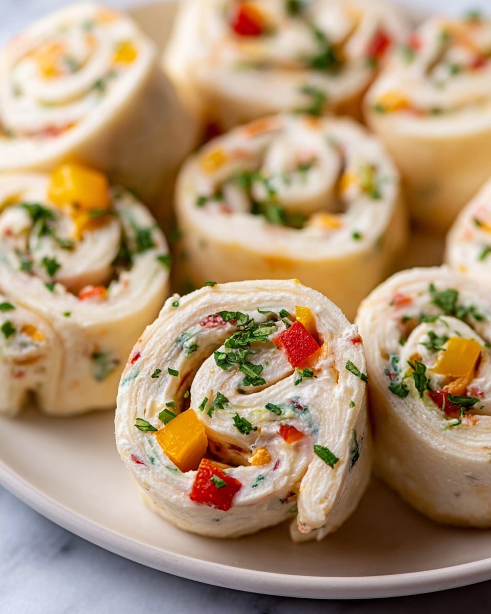 The image shows several small rolled pinwheel snacks stacked closely together on a white plate, all set on a white marbled surface. Each roll has two visible layers: the outer layer is a soft, pale cream-colored wrap, while the inner layer is filled with a creamy, white spread mixed with tiny colorful bits of red, yellow, and green, likely small diced peppers and herbs. The rolls are cut into thick slices showing the spiral pattern, and the top is sprinkled with chopped green herbs, adding a fresh touch. The focus is sharp on the front rolls and softens towards the back, capturing the smooth and creamy textures well, photo taken with an iphone --ar 4:5 --v 7