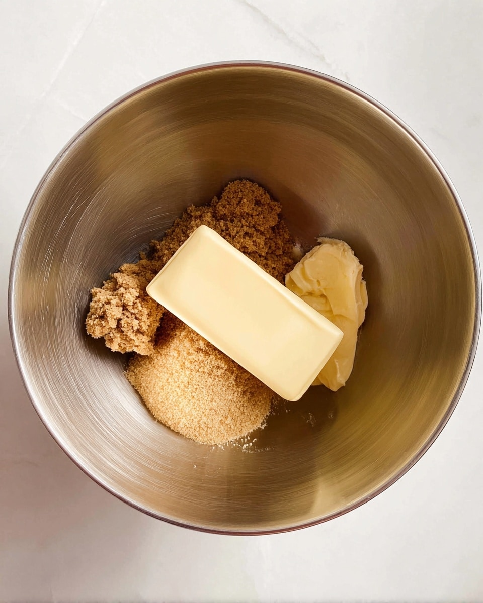 Inside a large shiny metal mixing bowl on a white marbled surface, there are two main layers of ingredients. The bottom layer is a crumbly, light brown sugar, and on top of it lies a solid, pale yellow stick of butter placed lengthwise. The smooth texture of the butter contrasts with the grainy brown sugar below. photo taken with an iphone --ar 4:5 --v 7