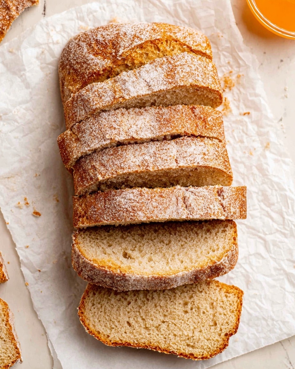 A loaf of bread is sliced into seven thick pieces arranged in a slightly overlapping stack on white parchment paper. The bread has a golden-brown crust with a rough texture, sprinkled evenly with a light layer of flour or powdered sugar on top. The inside of the bread shows a soft, moist crumb with a light tan color and small, visible air holes. The background is a white marbled surface with a small part of an orange object visible at the top right corner. photo taken with an iphone --ar 4:5 --v 7