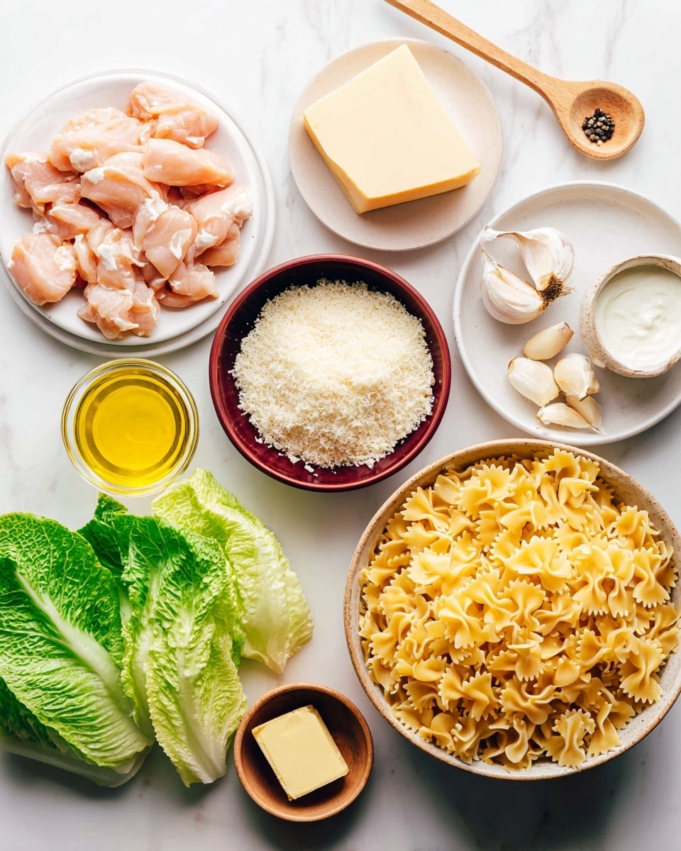 A top view of ingredients arranged on a white marbled surface, featuring a white bowl filled with yellow farfalle pasta on the right side. To the left, there is a white plate with raw, light pink chicken pieces, and above it, a smaller white plate holds a block of pale yellow cheese. Near the center, a dark red bowl contains white panko breadcrumbs, and next to it, a small bowl with white sour cream and a wooden spoon on top. Above these, a white round plate displays two green romaine lettuce leaves, two peeled garlic cloves, a white spoon with black pepper, and a small bowl filled with yellow olive oil. Two small pieces of pale yellow butter are on a small brown bowl near the center. Photo taken with an iphone --ar 4:5 --v 7