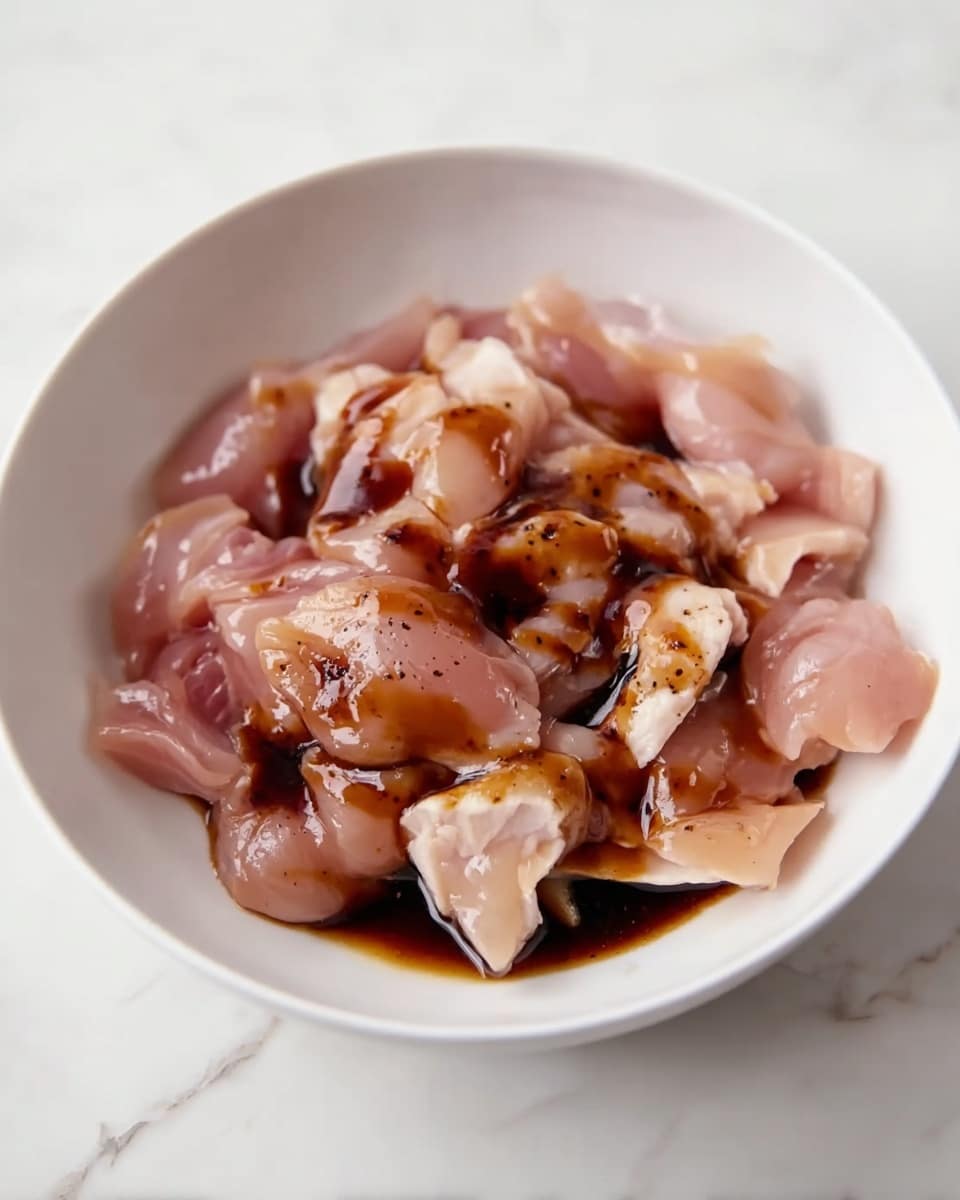 A white bowl on a white marbled surface holds small pieces of raw chicken, pale pink and glossy, scattered loosely. On top, there is a dark brown sauce drizzled unevenly, slightly shiny and thick, pooling on some parts of the chicken. The chicken pieces have a soft, wet texture, contrasting with the smooth liquid sauce. photo taken with an iphone --ar 4:5 --v 7