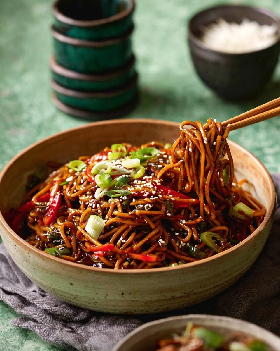 A light tan bowl filled with shiny brown noodles mixed with red strips of pepper and small green pieces of vegetables, all topped with white sesame seeds and chopped green onions. The noodles look glossy and are lifted by a pair of light wooden chopsticks from the right side of the bowl. The bowl sits on a grey cloth on a green speckled surface with a stack of greenish-black cups and a small white bowl filled with white rice blurred in the background. photo taken with an iphone --ar 4:5 --v 7