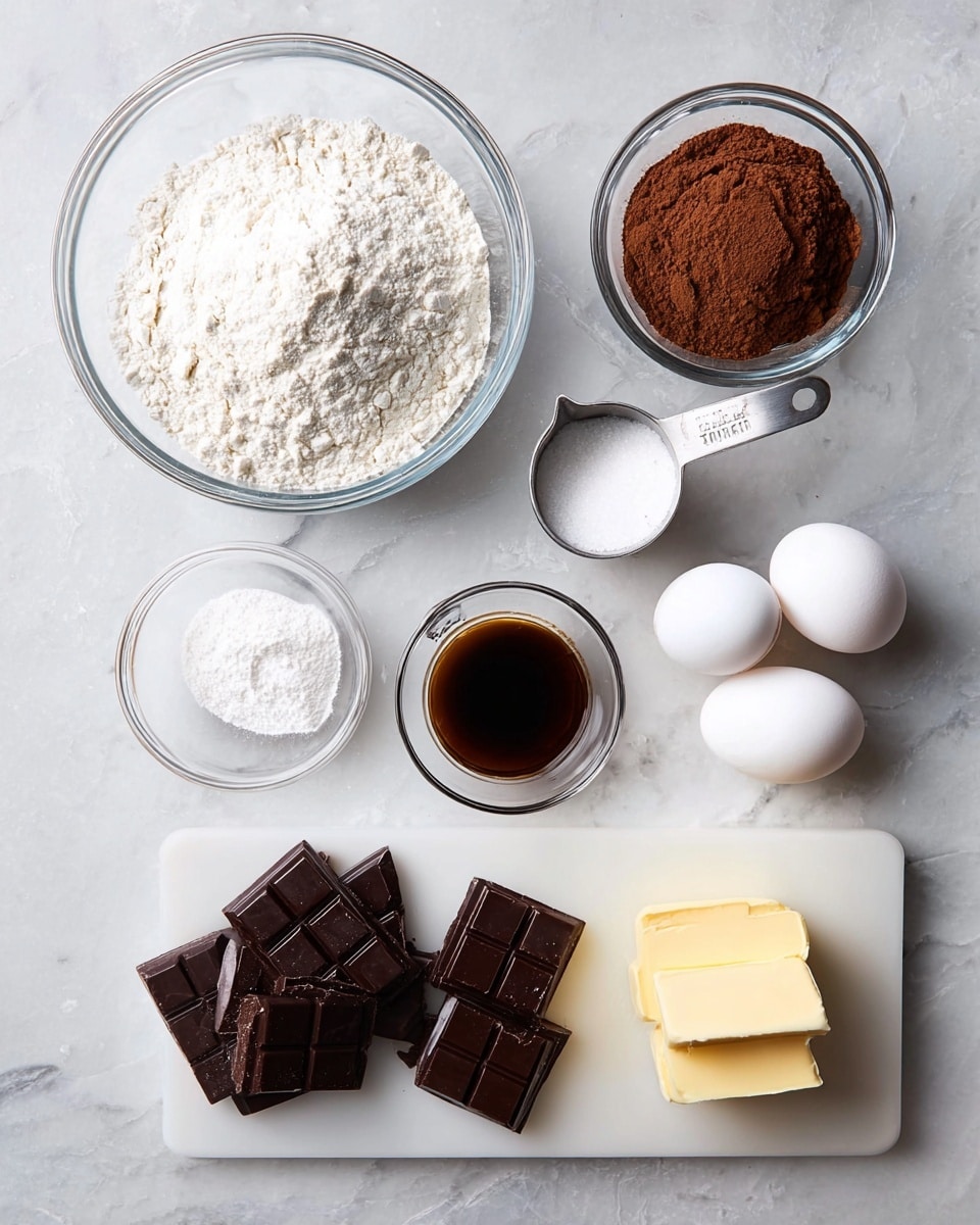A top view of baking ingredients arranged on a white marbled surface: a large clear glass bowl filled with white flour on the top left; a small clear glass bowl with brown cocoa powder to its right; a white measuring cup filled with white sugar near the top right; two white eggs placed side by side in the middle; a small clear glass bowl with white salt below the flour; a small clear glass bowl with dark brown vanilla extract below the salt; a white cutting board on the bottom right with a yellowish piece of butter and several dark chocolate squares neatly placed beside it. photo taken with an iphone --ar 4:5 --v 7