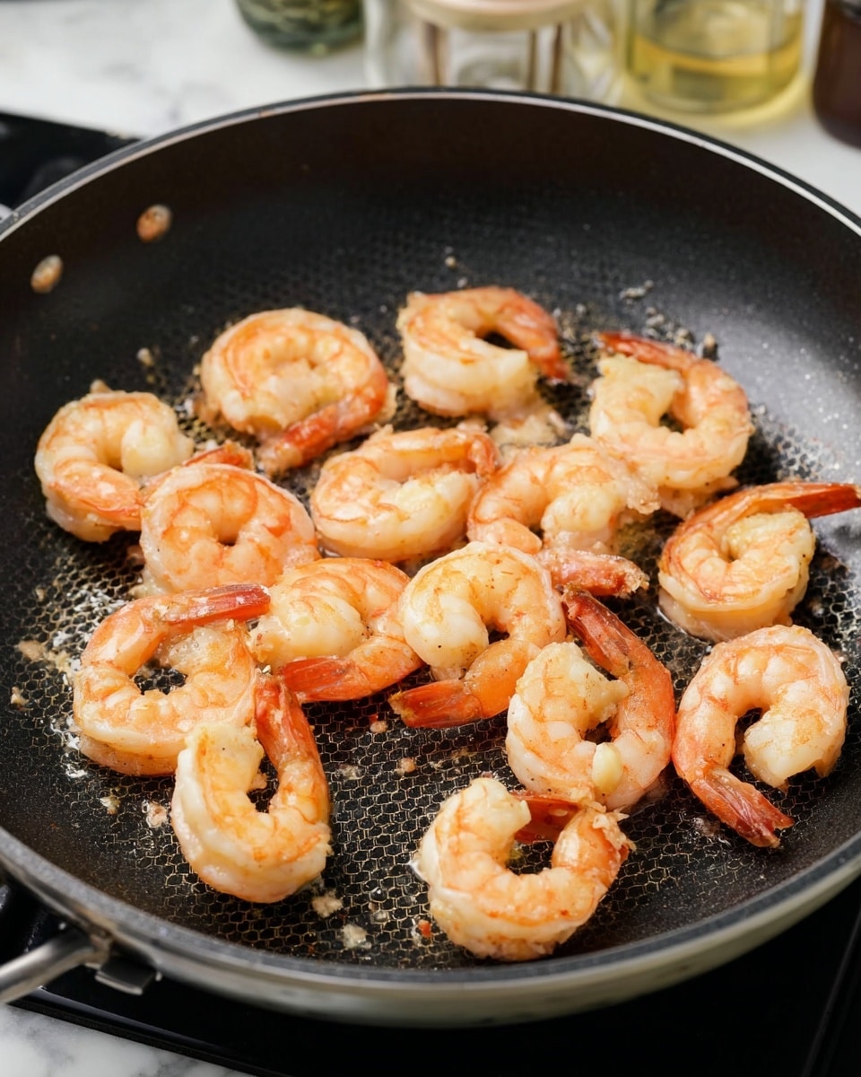 A frying pan filled with several cooked shrimp arranged loosely, their bodies a pale orange-pink with slightly darker orange tails, showing a light sear on the surface. The shrimp are shiny and look tender, sitting on the black non-stick pan with a subtle honeycomb texture inside. The background shows blurred kitchen containers and bottles with a white marbled surface beneath the pan. Photo taken with an iphone --ar 4:5 --v 7