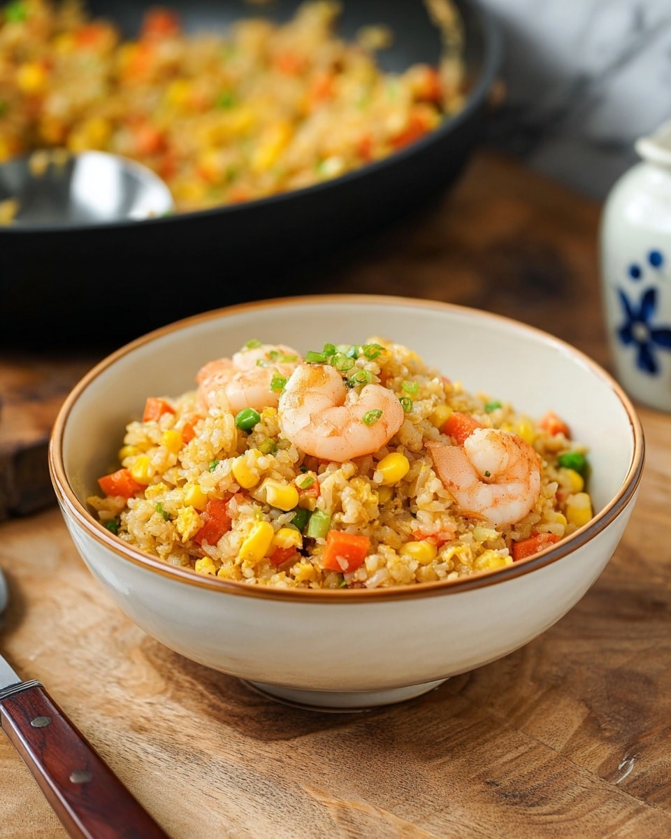 A bowl filled with fried rice showing cooked rice mixed with bright orange carrot cubes, yellow corn kernels, small green peas, and scrambled egg pieces scattered throughout. Several plump shrimp with a light pink color sit on top, garnished with small green herb pieces. The bowl is white with a light brown rim and sits on a wooden table. In the background, there is a black cooking pan with more fried rice inside, out of focus. A metal spoon with a dark wood handle lies next to the bowl, and a ceramic container with a blue design is partially visible. The surface behind is a white marbled texture photo taken with an iphone --ar 4:5 --v 7