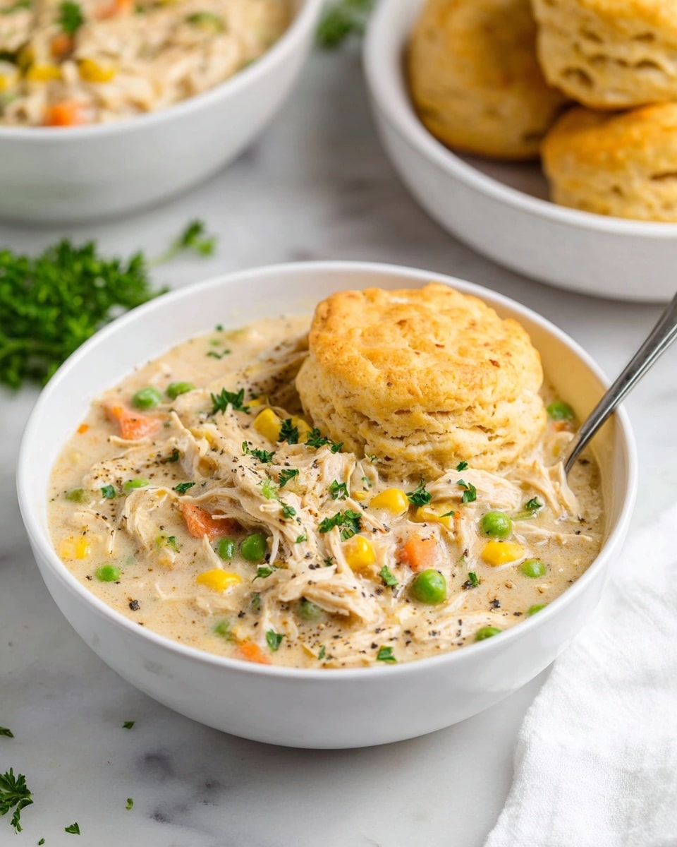 A white bowl filled with creamy chicken and vegetable stew, showing shredded white chicken pieces mixed with green peas, orange carrot bits, and yellow corn kernels in a thick light beige sauce with specks of black pepper and green herbs on top. Resting on the stew is a round golden biscuit with a soft and slightly crumbly texture. The bowl sits on a white marbled surface with a small bunch of green parsley nearby. In the background, there is another white bowl with more golden biscuits stacked inside. photo taken with an iphone --ar 4:5 --v 7