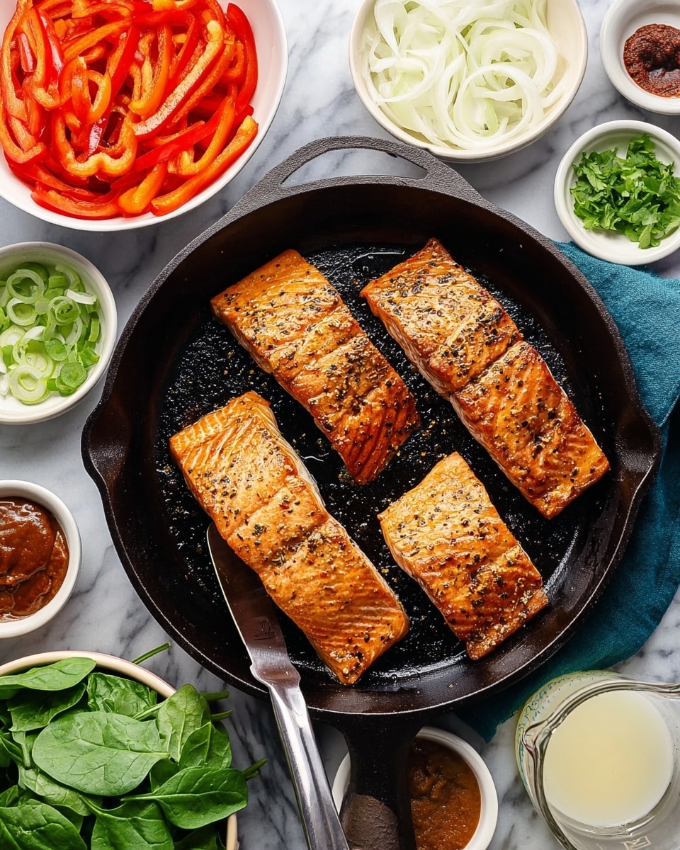 A black cast iron pan in the center holds four salmon fillets, each cooked to a golden brown with visible black pepper seasoning and grill marks, arranged closely but not touching. To the upper left of the pan, there is a white bowl filled with sliced red bell peppers and white onions. Surrounding the pan on the white marbled surface are small white bowls containing sliced green onions, a dark soy-like sauce, bright green basil leaves, a reddish-brown paste, and a light yellow liquid. At the bottom left, a small white bowl holds fresh cilantro leaves, and at the bottom center, a white bowl is filled with fresh green spinach leaves. To the bottom right of the pan, there is a clear measuring cup with a white frothy liquid. A metal spatula rests under one salmon fillet on the right side of the pan. photo taken with an iphone --ar 4:5 --v 7