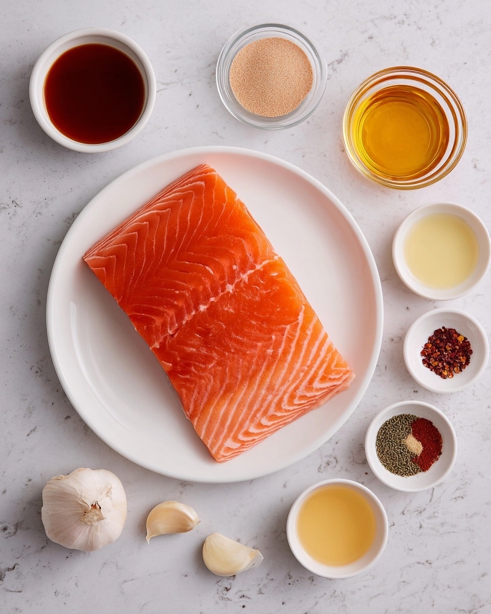 A thick, fresh piece of raw salmon with a bright orange color and clear white fat lines is placed in the center of a large white round plate. Around the plate on a white marbled surface, there are six small white and clear bowls plus two garlic cloves. The bowls hold different ingredients: a dark reddish sauce, a golden honey-like liquid, a light yellow liquid, a clear liquid, and a bowl with various dry spices arranged in small different sections. Two garlic cloves lay to the right side of the plate. photo taken with an iphone --ar 4:5 --v 7