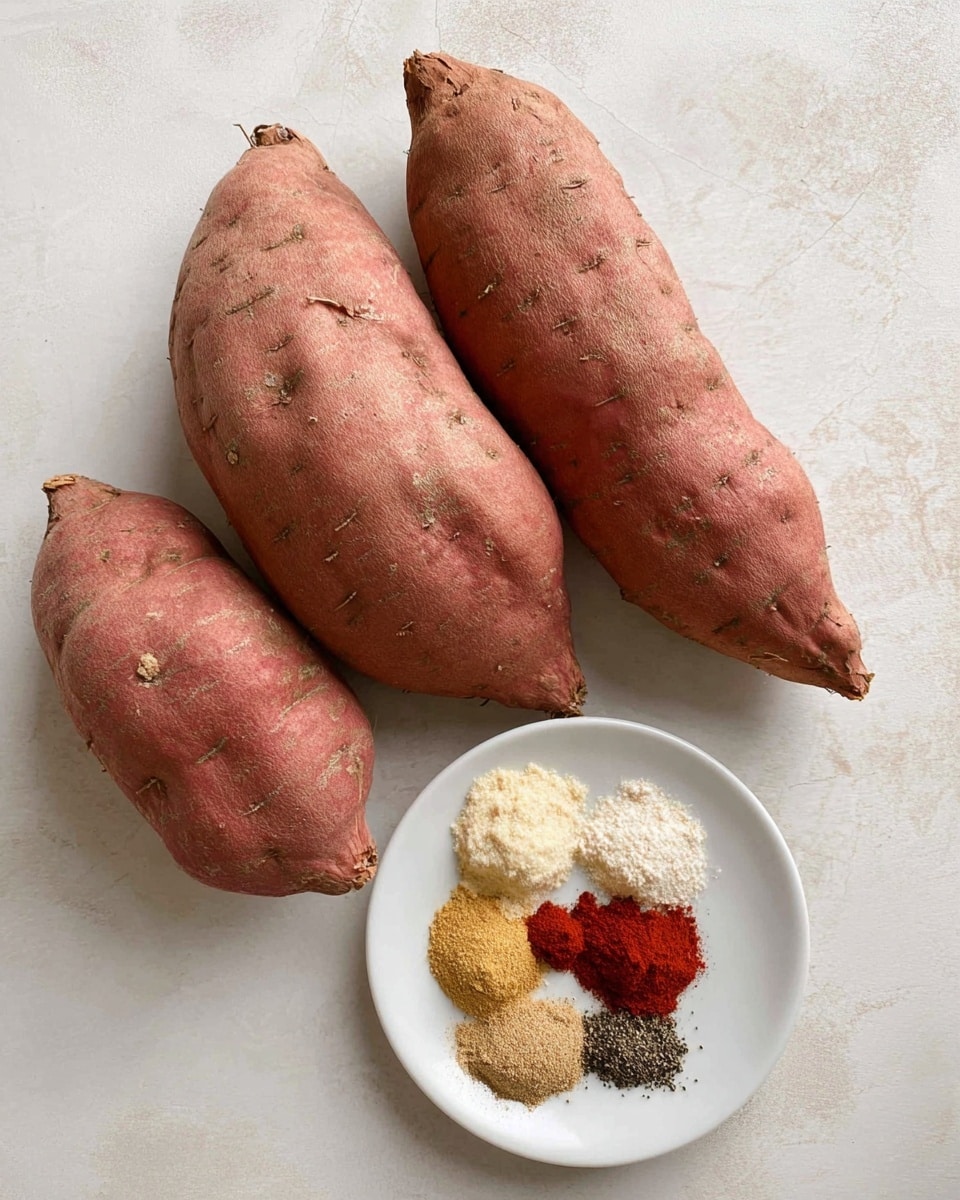 The image shows three large sweet potatoes with rough, reddish-brown skin placed on a white marbled surface. Next to them is a small white plate holding six different spices arranged in neat horizontal layers: a bright red spice on the left, followed by a light yellow powder, an off-white crumbly powder, a brownish small heap, a white powder, and a ground black spice on the right. The overall setup is neat and simple with soft natural lighting making the textures on the sweet potatoes and spices clear. Photo taken with an iphone --ar 4:5 --v 7