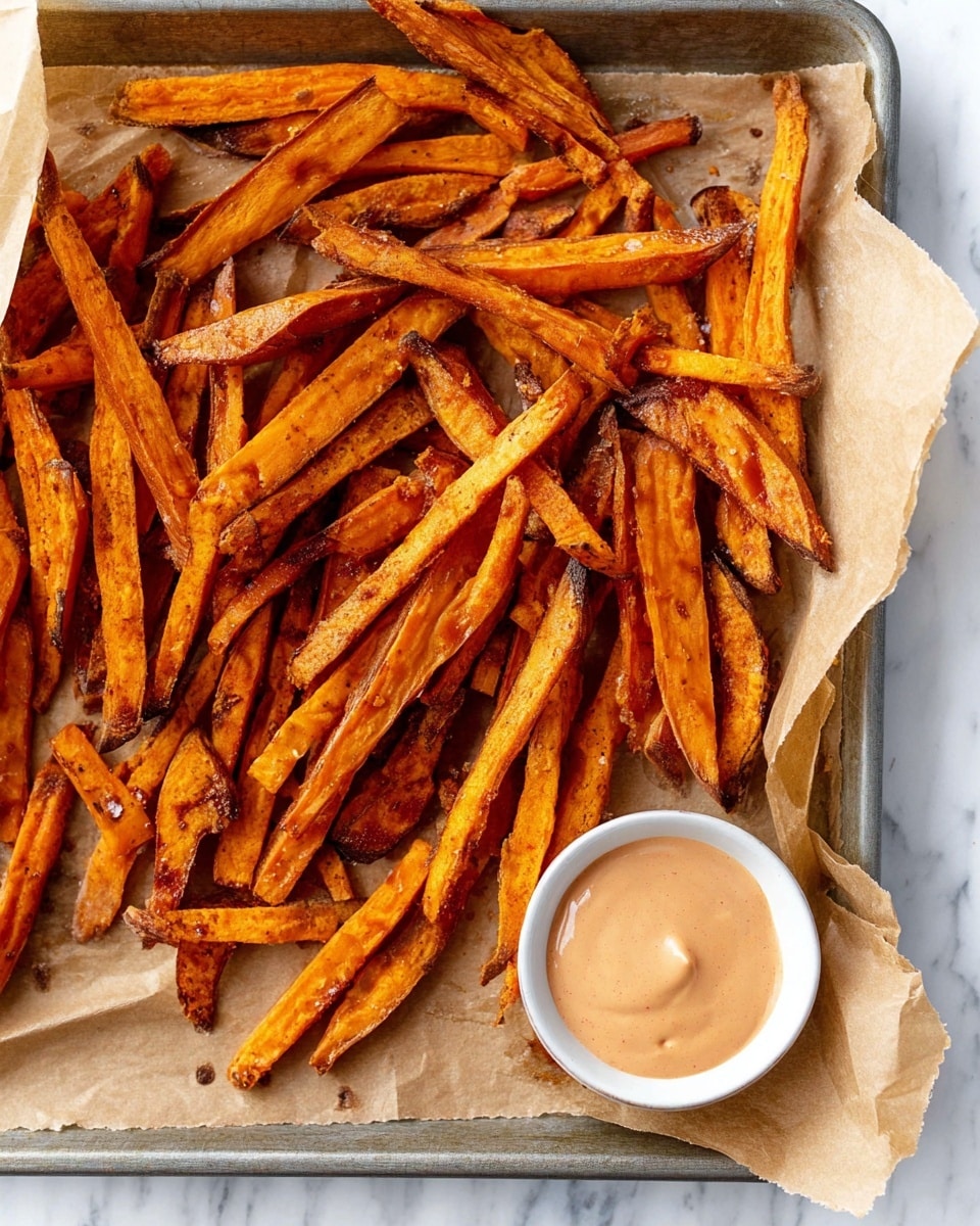 A tray filled with many long, thin orange sweet potato fries that look slightly crispy and roasted, some edges darker and caramelized, spread on a sheet of brown parchment paper. On the bottom right corner of the tray is a small white bowl with light brown creamy sauce that has a smooth texture. The tray is resting on a white marbled surface. photo taken with an iphone --ar 4:5 --v 7