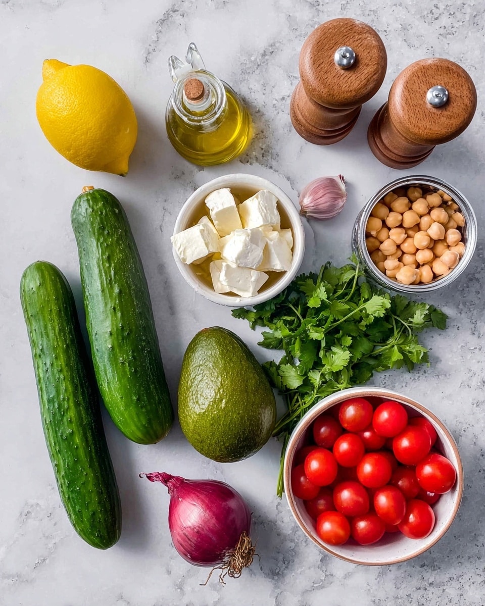 The image shows fresh ingredients laid out on a white marbled surface: a bright yellow lemon, a ripe dark green avocado, two long green cucumbers with smooth skin, and a small bunch of fresh green cilantro with leafy stems. Nearby are a whole small red onion and one clove of garlic. There are two white ceramic bowls one filled with small red grape tomatoes and the other with white cubed cheese. A small opened tin of light brown chickpeas sits next to a clear glass bottle with a cork stopper. Two wooden grinders, likely for pepper and salt, stand in the top center area. The whole scene is neatly organized and brightly lit, with textures of fruit skin, leafy green, and smooth cheese clearly visible photo taken with an iphone --ar 4:5 --v 7