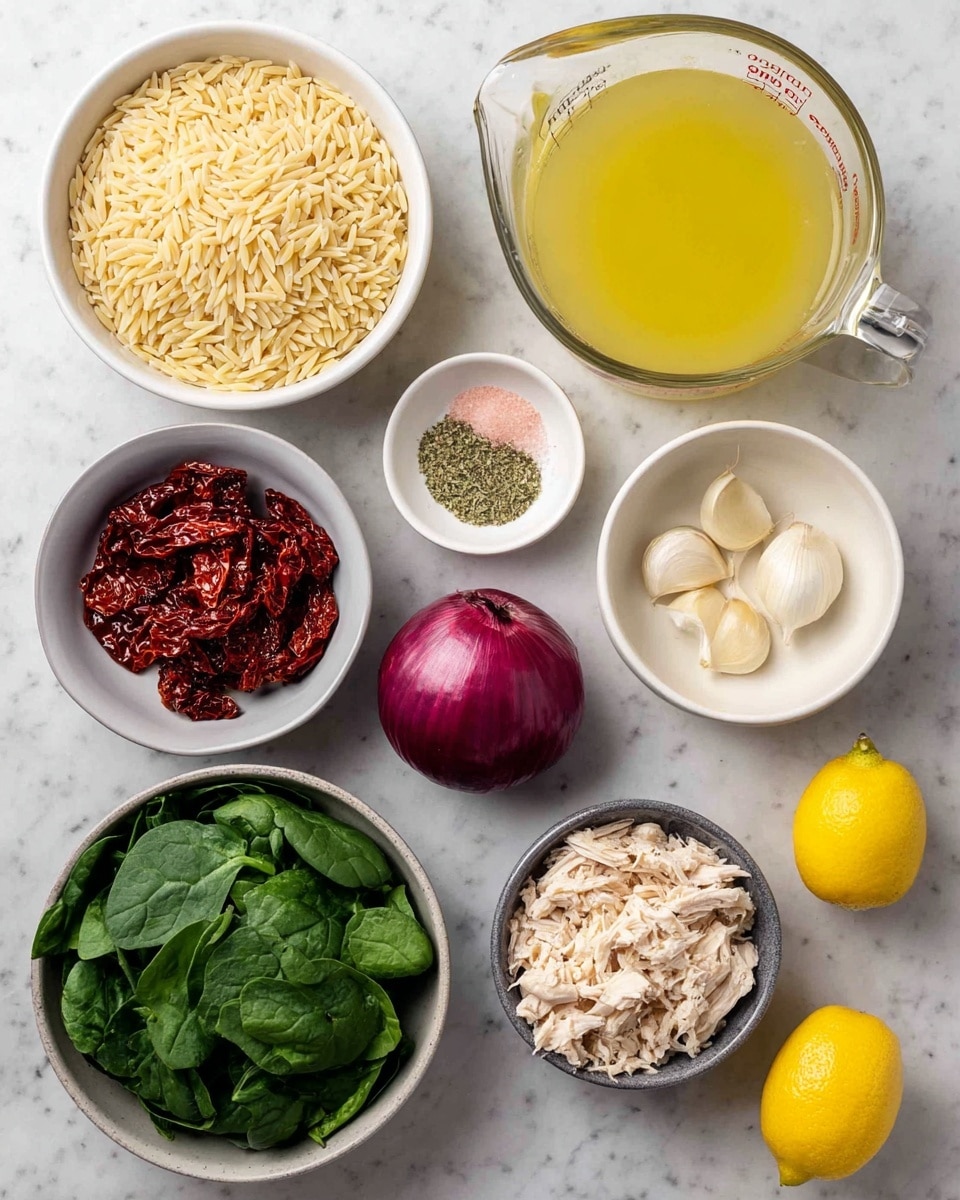 The image shows eight separate white bowls and containers with different ingredients on a white marbled surface. Starting from the top left, a white bowl is filled with dry orzo pasta, light beige in color, with a smooth texture. Next to it on the right is a clear glass measuring cup with yellow chicken broth, smooth and liquid-like. Below the orzo bowl is a small white bowl containing pink salt and green dried herbs side by side. Moving downwards, there are three whole garlic cloves with a pale yellow skin next to a whole purple-red onion. Below them is a small white bowl filled with dark red sun-dried tomatoes that have a wrinkled surface. To the right, a clean whole yellow lemon sits on the marble. Below the lemon and onion, a medium white bowl has fresh dark green spinach leaves with smooth and slightly glossy surfaces. At the bottom left is a small white bowl filled with white crumbly cheese, and next to this is a gray bowl filled with cooked shredded chicken, pale beige with moist texture. Photo taken with an iphone --ar 4:5 --v 7
