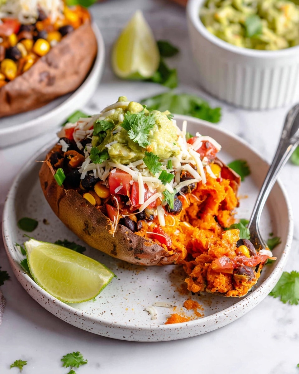 A white speckled plate holds a halved baked sweet potato filled with multiple colorful layers: the bottom layer is the orange soft inside of the sweet potato, topped with a mix of black beans, corn, and a reddish cooked mixture, followed by chunks of bright red diced tomatoes and onions. On one side, shredded white cheese melts slightly, while a creamy green dollop of guacamole sits on top, decorated with fresh green cilantro leaves. A wedge of lime rests on the plate’s edge, and a metal spoon scoops some cheesy sweet potato filling. The white marbled surface underneath has a blurred white bowl with guacamole in the background, along with more sweet potatoes and lime wedges nearby. photo taken with an iphone --ar 4:5 --v 7