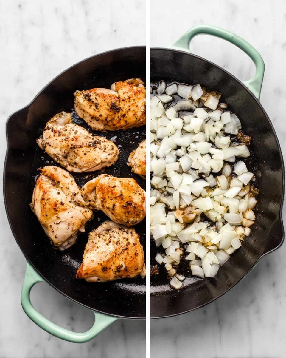 Two photos side by side show the inside of a black cast iron pan with light green handles on a white marbled surface. The left photo has four cooked chicken pieces with golden brown color and black pepper specks, arranged scattered inside the pan. The right photo shows many small white onion pieces spread all over the bottom of the same pan with some light brown spots beneath them, showing cooking progress. Photo taken with an iphone --ar 4:5 --v 7