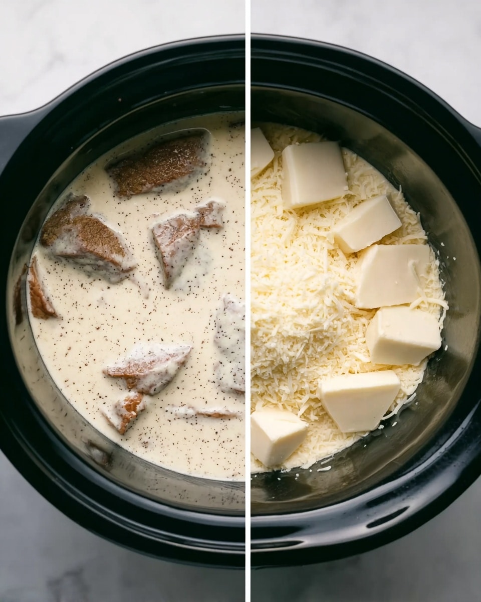 The image shows a two-part cooking process inside a black slow cooker placed on a white marbled surface. On the left side, the slow cooker contains several pieces of brownish cooked meat at the bottom, covered by a creamy white sauce with small black specks, spreading smoothly over the meat. On the right side, the meat is partially visible under a layer of grated white cheese sprinkled evenly on top, with several small white butter cubes scattered on the cheese layer. The inside rim of the slow cooker is visible, and the lighting highlights the creamy and soft textures of the sauce and cheese. photo taken with an iphone --ar 4:5 --v 7