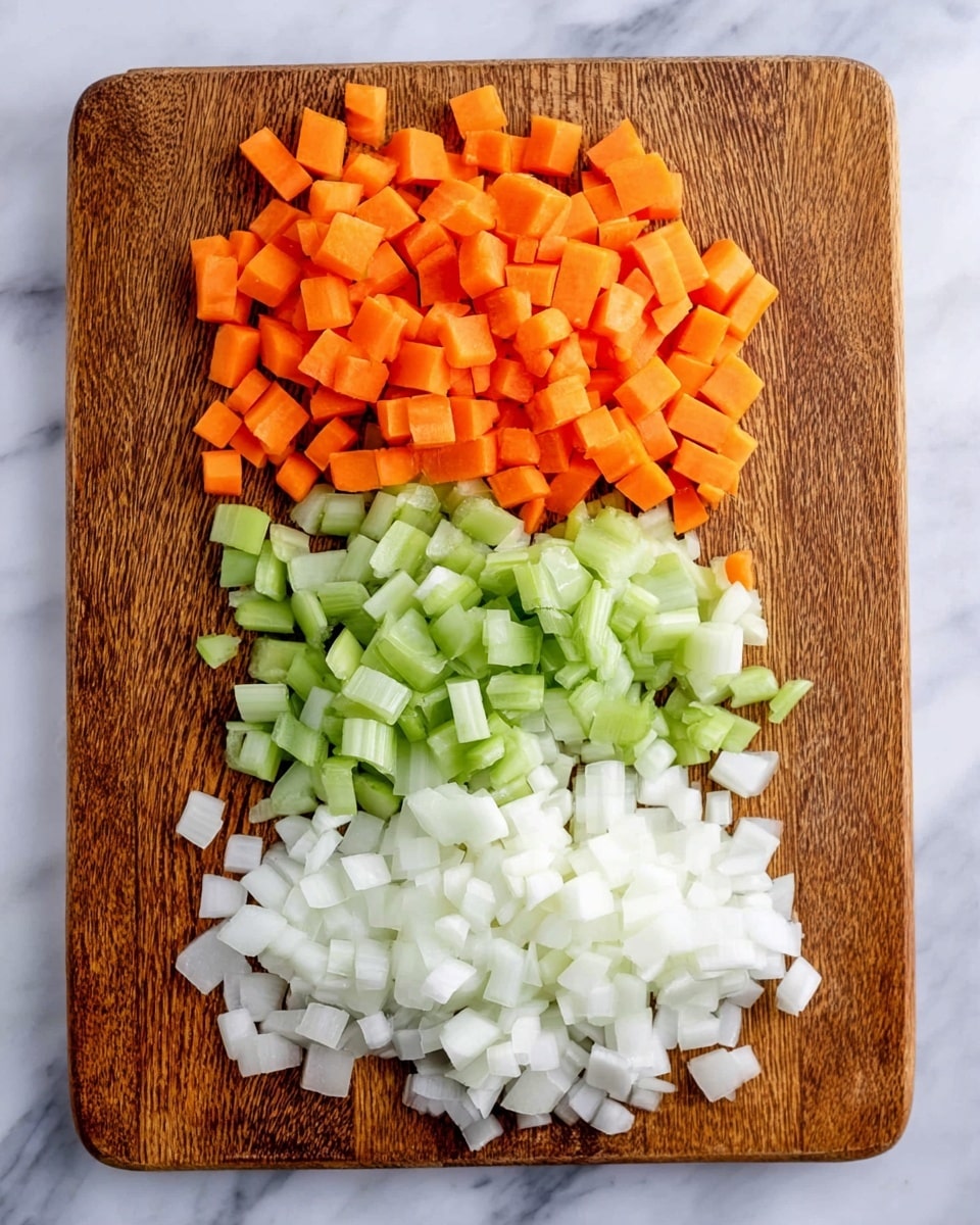 This image shows a wooden cutting board placed on a white marbled surface. On the cutting board, there are three layers of chopped vegetables arranged in rows from top to bottom. The top layer has small, orange carrot cubes with a smooth texture. The middle layer features light green celery pieces, chopped into small half-moon shapes. The bottom layer contains white onion pieces, diced into small, slightly irregular chunks. The colors are bright and fresh, contrasting nicely with the warm wood grain of the board. photo taken with an iphone --ar 4:5 --v 7