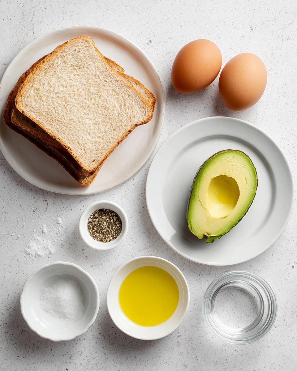 The image shows ingredients laid out on a white marbled surface, ready for making a simple dish. There are two slices of light brown bread with a soft texture stacked on the top left. Below the bread, two brown eggs sit side by side. In the center right, a white plate holds half an avocado with a green outer skin and yellow-green flesh with the pit removed. Surrounding these main items are three small white bowls: one with coarse salt and black pepper, one with bright yellow olive oil, and another with clear water, all placed at the bottom of the image. Photo taken with an iphone --ar 4:5 --v 7